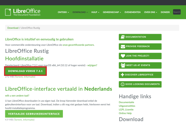 LibreOffcie downloaden via website met knop Download versie x.x.x.
